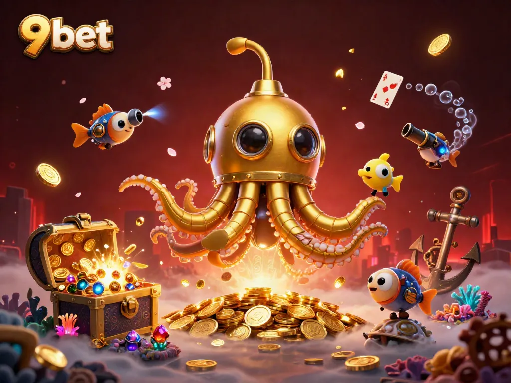 Engage with 9 bet as the kraken submarine surfaces through golden coins, surrounded by vibrant casino elements.