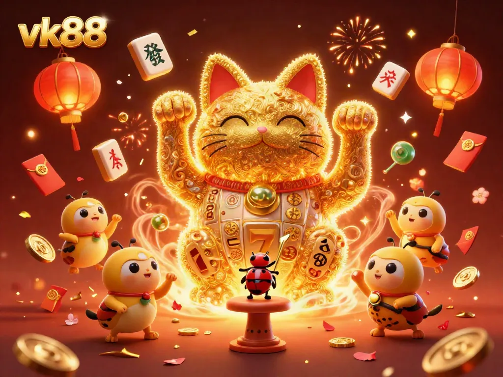 Engage with vk88's casino magic, featuring a lucky cat and dynamic gaming elements.
