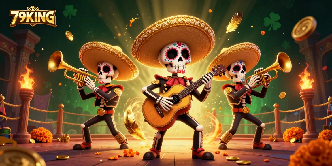 Experience the excitement of 79KING with a vibrant 3D illustration of a lively mariachi band amidst gaming elements.