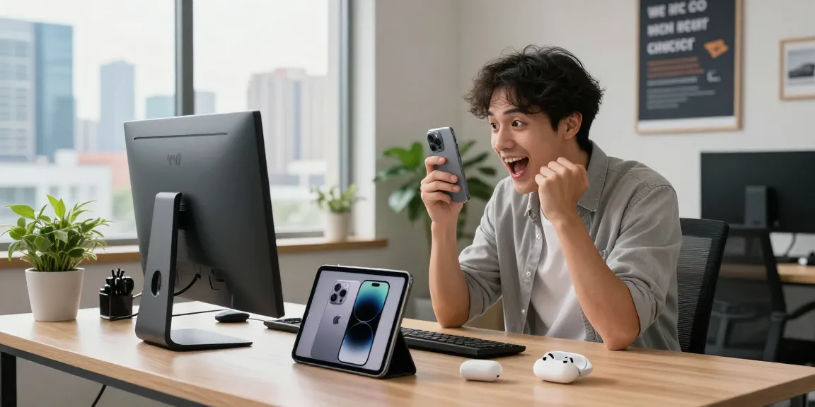 Reviewing the iPhone 17 in a modern tech workspace with gadgets and city views.