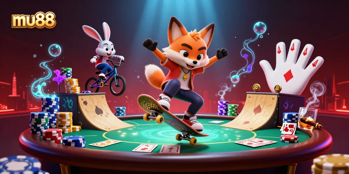 Experience thrilling gameplay at mu88 with a dynamic casino scene featuring vibrant characters and poker elements.