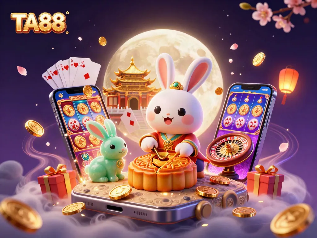 Experience vibrant gameplay with TA88's moon rabbit and casino themes featuring colorful slots and poker chips.