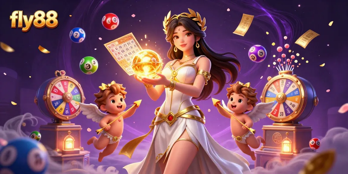 Win at fly88 with a vibrant lottery experience featuring characters surrounded by dynamic game elements.