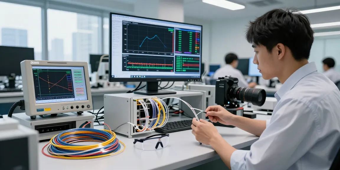 Engineer analyzing advanced fiber optic fiber components in a modern lab setting.