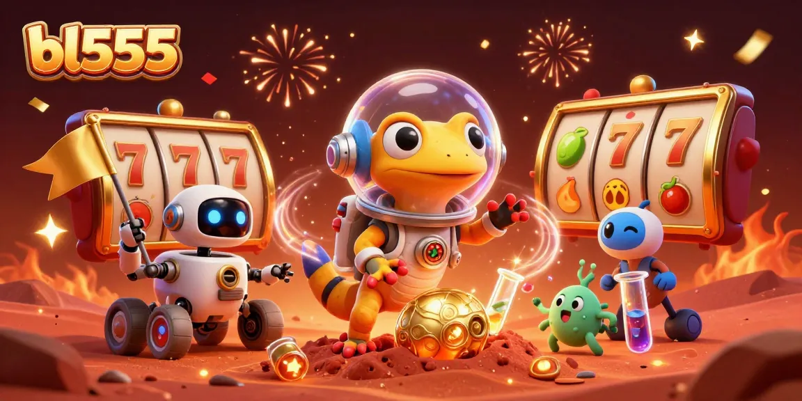 Experience the excitement of bl555 with a Martian gecko discovering a golden casino full of slot games.