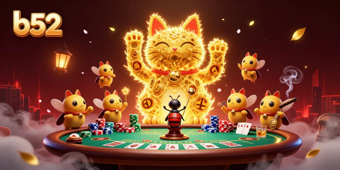 Experience the excitement at b52 with a vibrant, detailed casino-themed illustration featuring a lucky cat and poker elements.