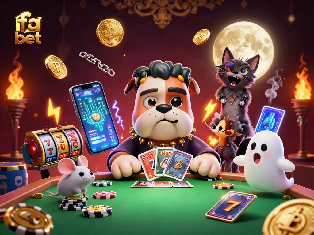 Engage with fa bet at a lively casino scene featuring a Frankenstein bulldog dealer, and crypto coins.