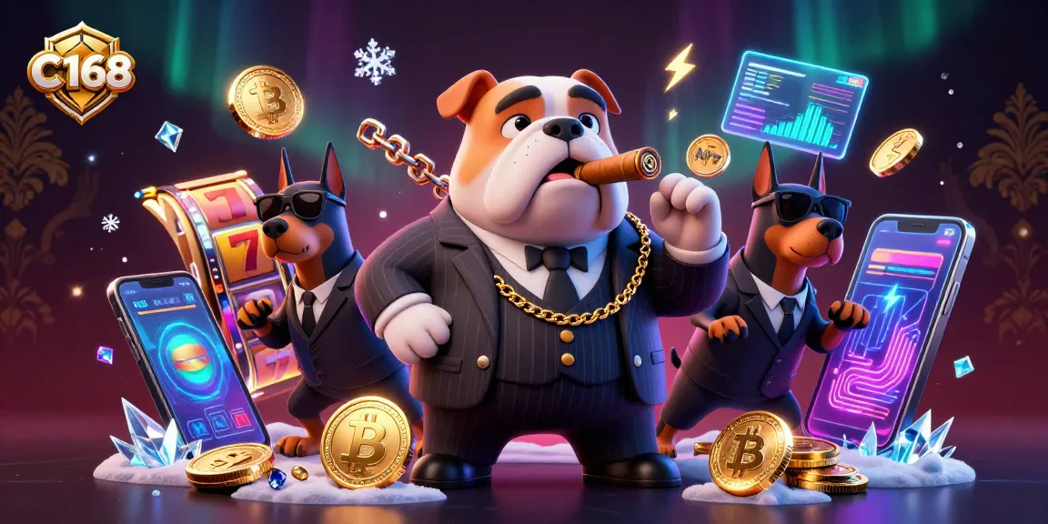 Experience thrilling slots at C168 with a mafia boss and bodyguards amid sparkling casino elements.