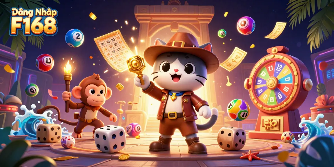 Experience the thrill of Đăng Nhập F168 as the adventurous cat explores for golden casino treasures amidst colorful lottery balls.