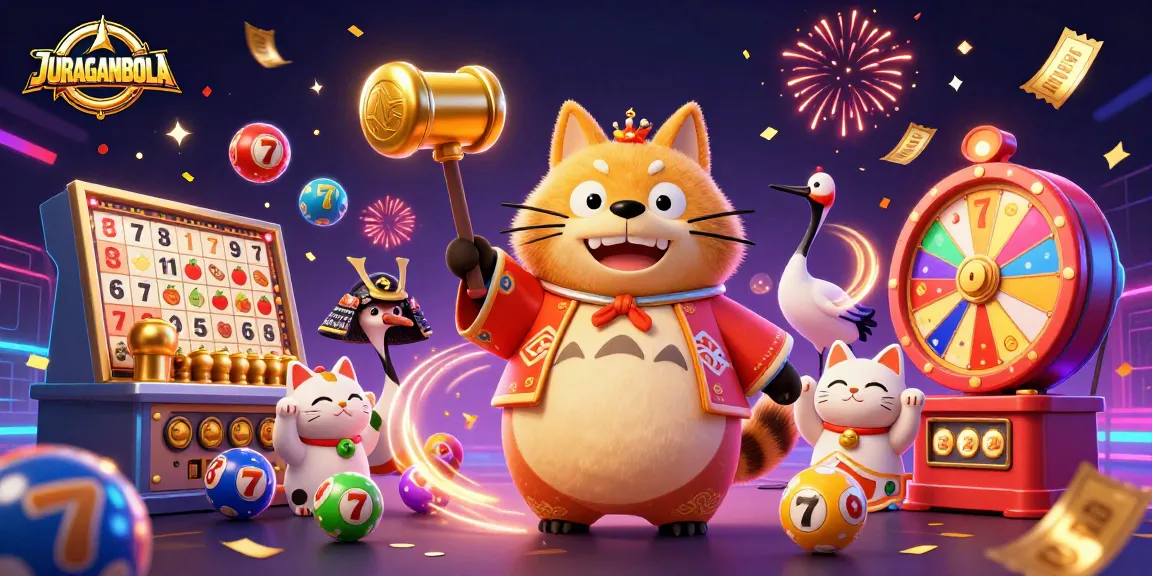 Experience JURAGANBOLA with vibrant slot reels and playful character elements in a whimsical casino scene.