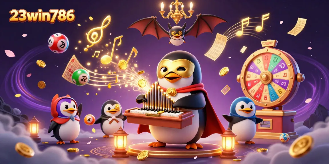 Experience the excitement at 23win786 with dynamic elements of lottery balls and golden coins fluttering around an opera penguin.