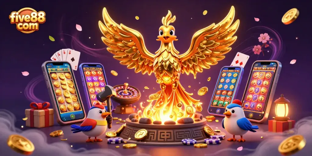 Engage with the dynamic gaming world of five88 com, featuring a molten gold phoenix and casino elements.
