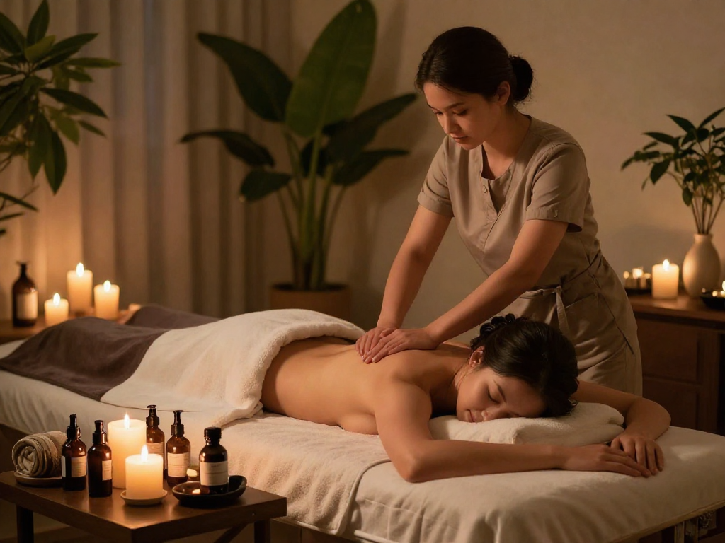 Relaxing 출장마사지 session at home with calming atmosphere and warm lighting.