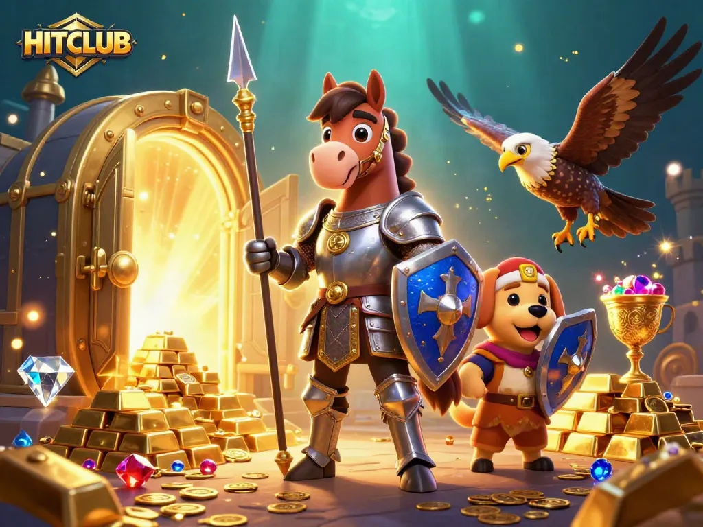 Experience the thrill of HITCLUB with knights, treasures, and vibrant casino elements in stunning detail.