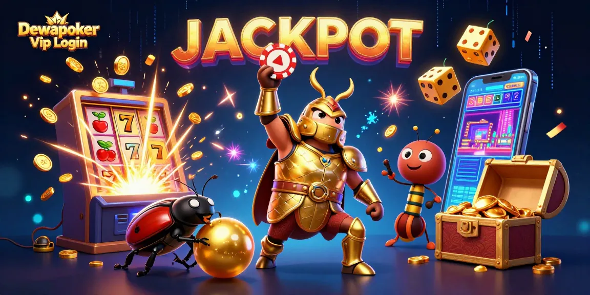 Dewapoker Vip Login celebrates wins with a vibrant 3D casino scene featuring a heroic beetle and exciting gaming elements.