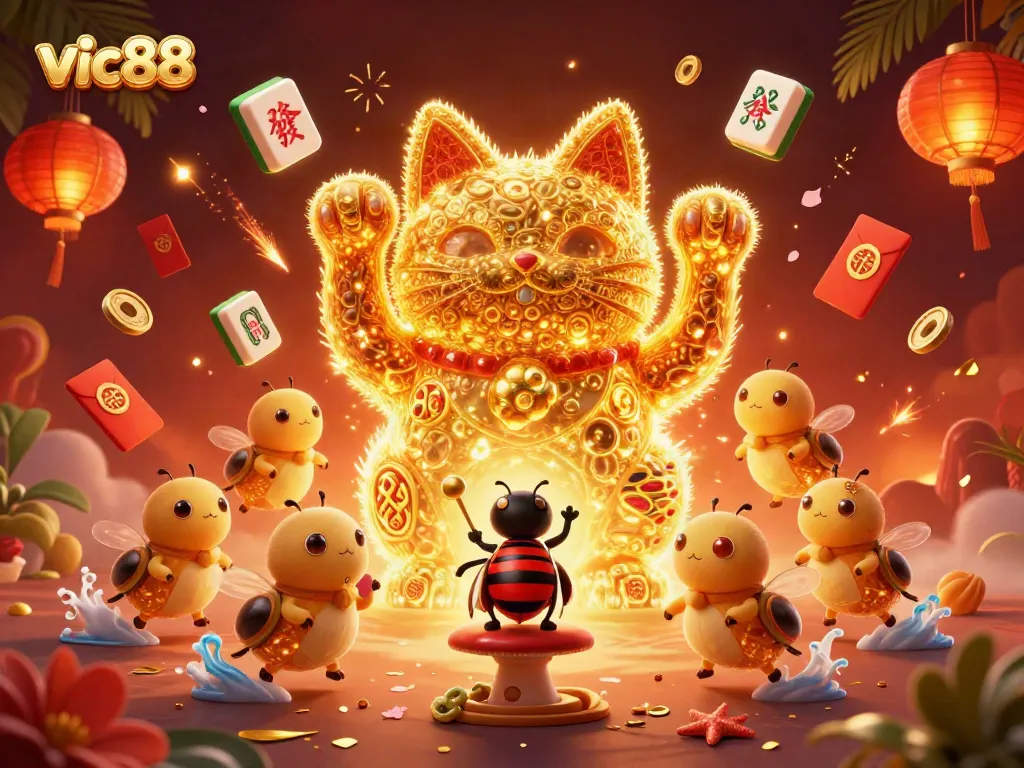 Experience the festive atmosphere of vic88 with a golden lucky cat and lively casino symbols in a vibrant 3D scene.