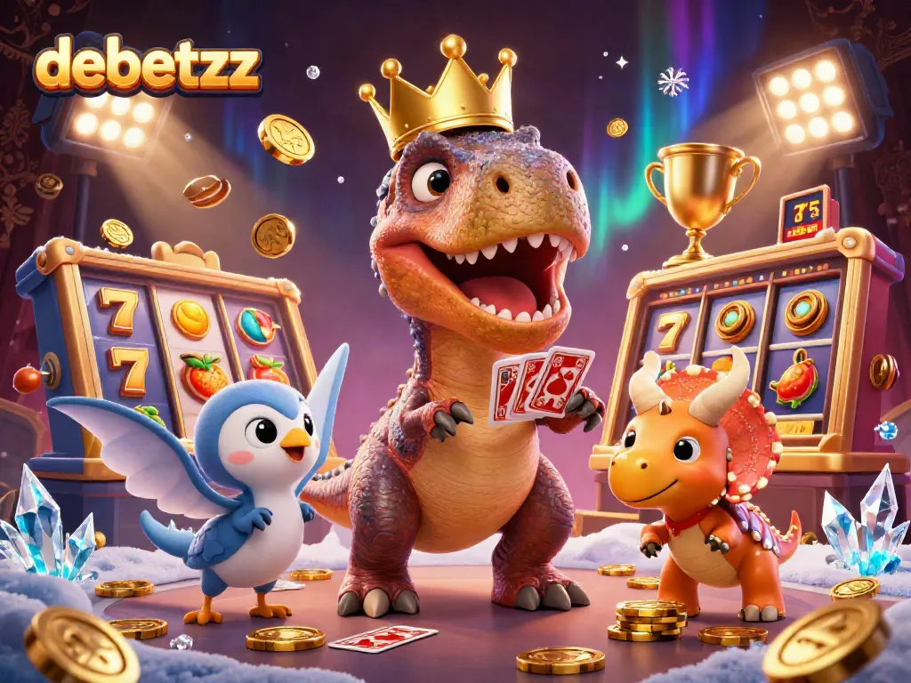 Experience thrilling gaming action at debetzz casino with friendly characters, slots, and vibrant lighting.