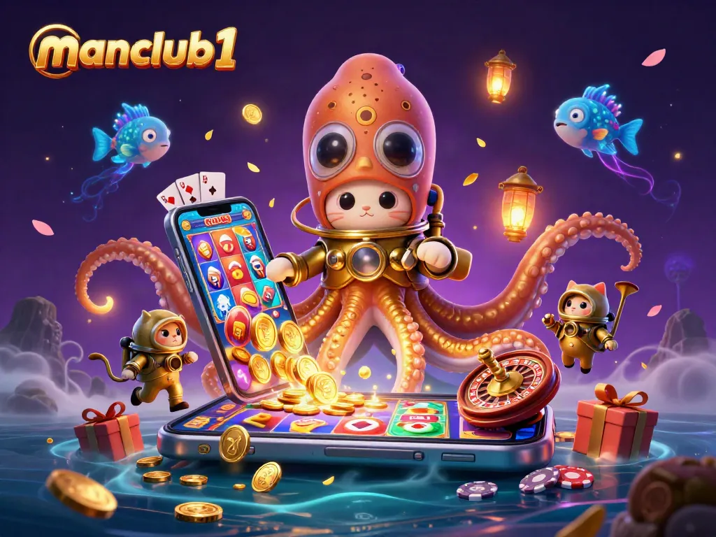 Experience the magic of gaming with manclub1, featuring a kraken, diving cat, and vibrant casino elements.