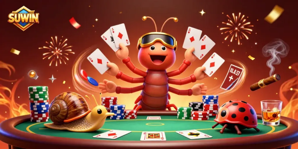 Suwin showcases a vibrant live casino scene with a millipede dealer and dynamic poker elements.