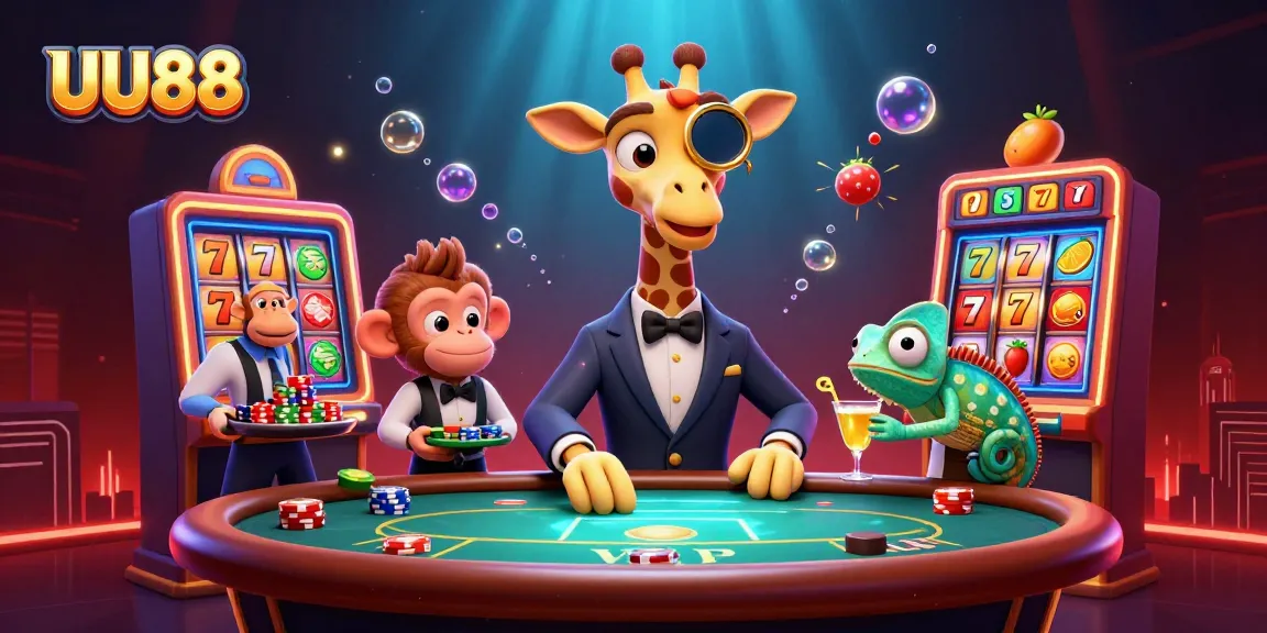 Experience UU88's vibrant gaming world with a giraffe dealer at a VIP poker table amidst dazzling slot games.