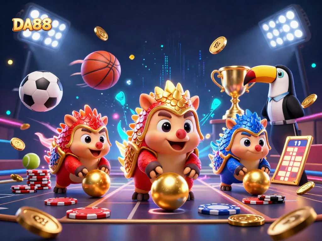 DA88 pangolins competing in a dynamic casino scene with poker chips and sports balls.