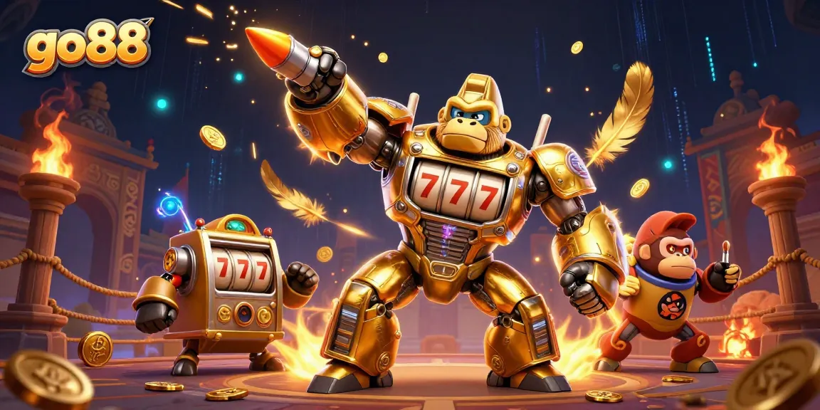 Experience the thrill of go88 with this vibrant 3D casino illustration showcasing a golden gorilla mech.