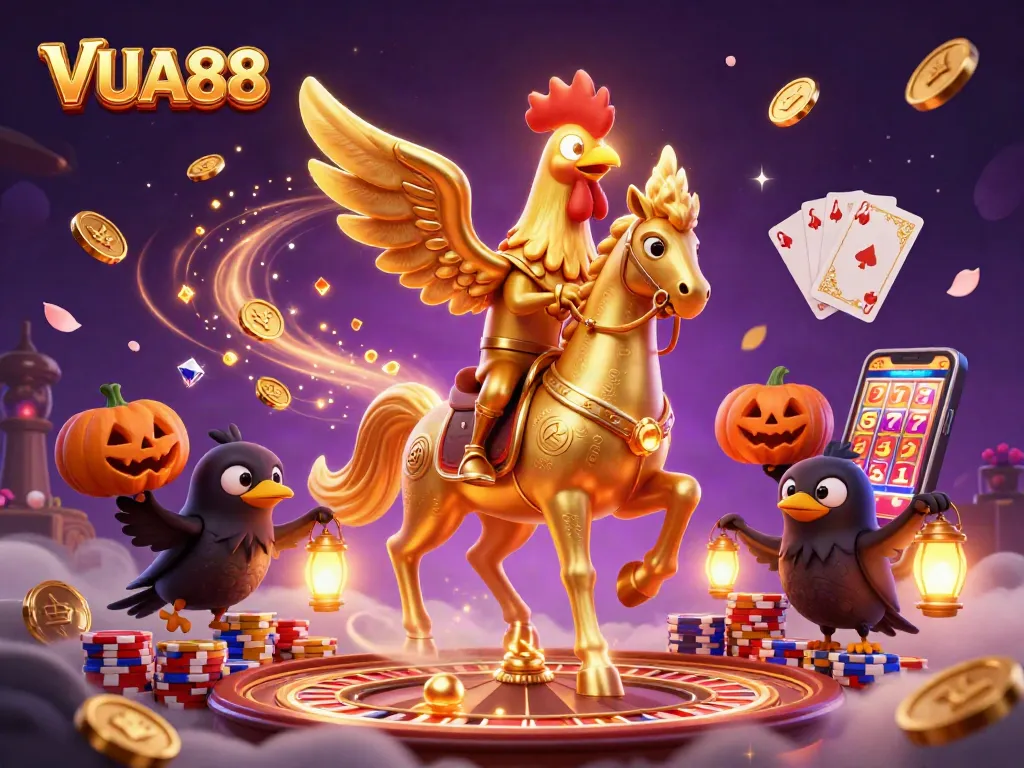Experience the thrilling world of VUA88 with dynamic scenes of playful gambling action.