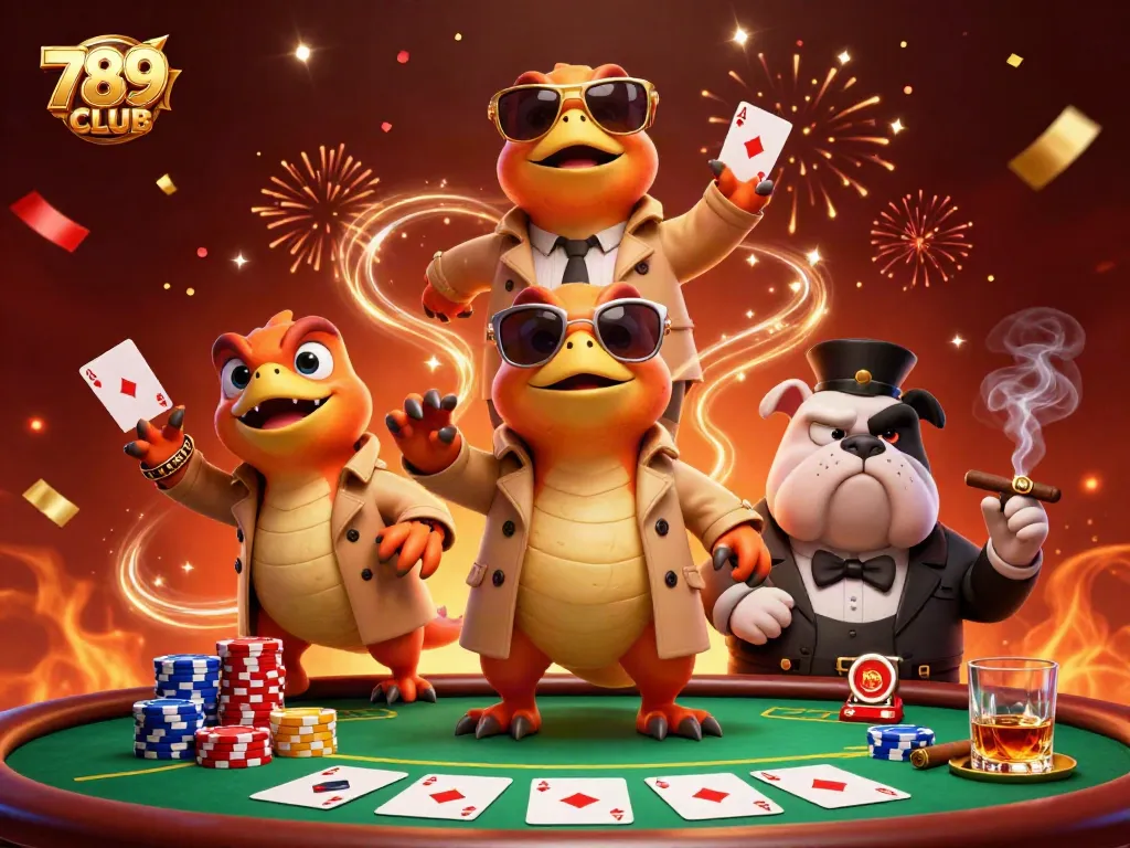 Raptors playfully entering a VIP casino lounge, showcasing 789CLUB's vibrant gambling atmosphere.