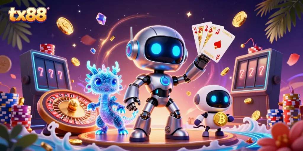 Experience thrilling gaming with tx88's vibrant casino scene featuring colorful characters and dynamic elements.