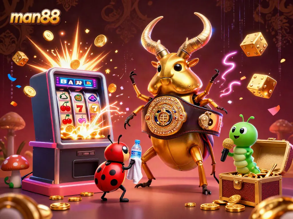 Experience thrilling action with man88 featuring a golden stag beetle, representing casino excitement.