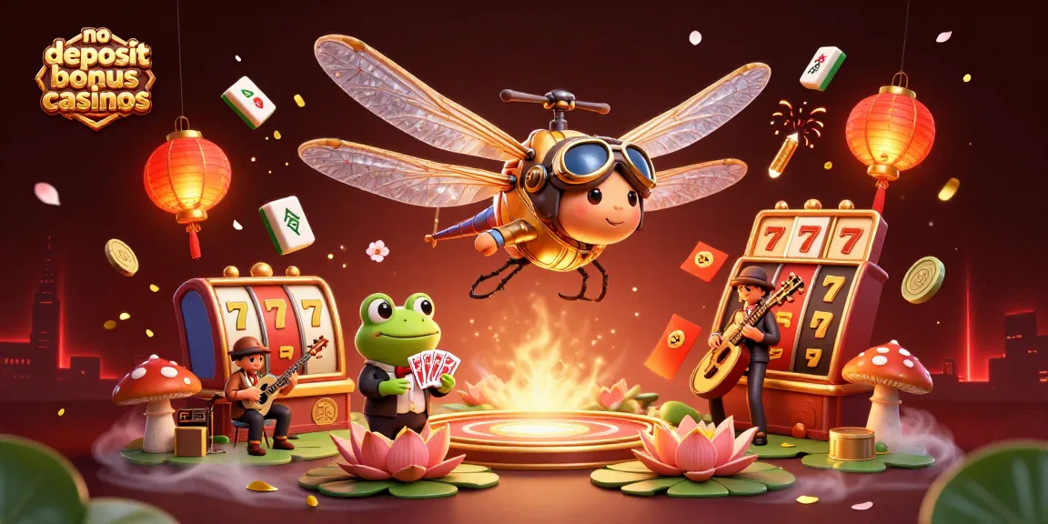 No deposit bonus casinos scene featuring a dragonfly pilot and frog croupier with lively casino elements