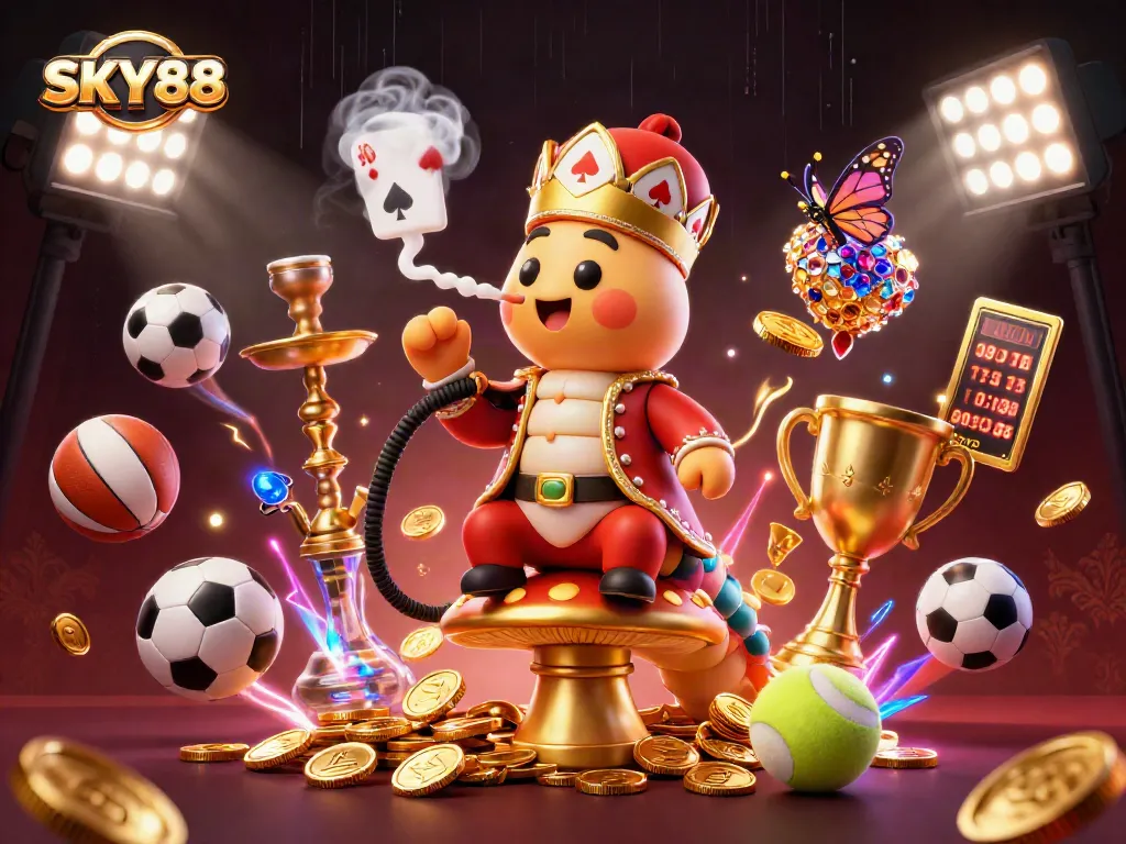 Take your bets with SKY88, featuring a vibrant casino scene filled with sports elements and gold.