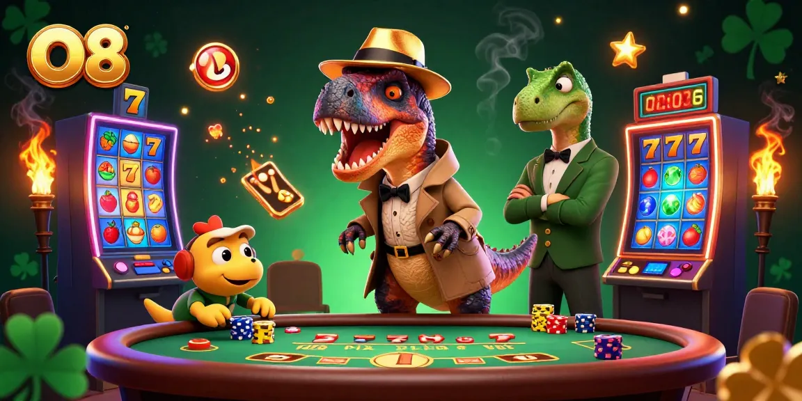 O8 casino scene with a cartoon velociraptor card counter at a blackjack table, rich slot game visuals.
