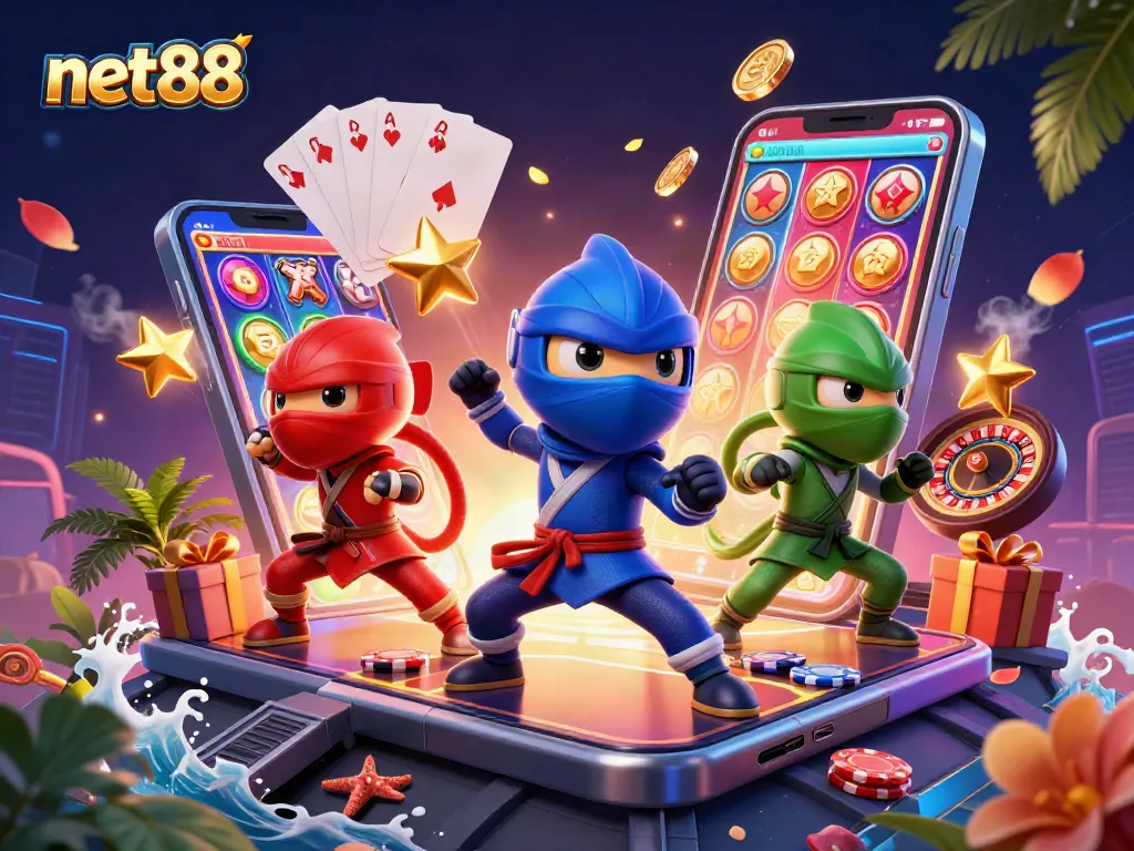 Engage with thrilling net88 gaming action featuring a dynamic chameleon team and vibrant casino elements.