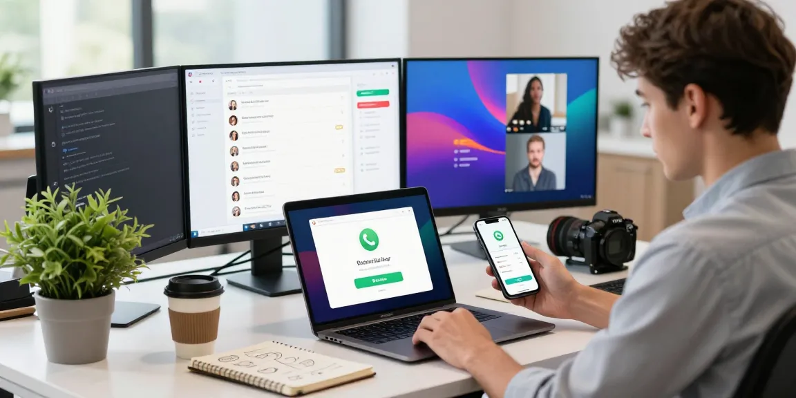 Young professional engaged in WhatsApp下載 process at a modern workspace.