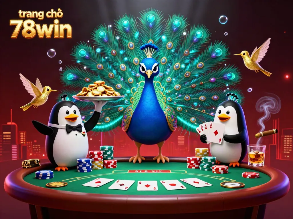 Engage with the vibrant dynamics of trang chủ 78win in a colorful casino scene featuring a peacock and other characters.