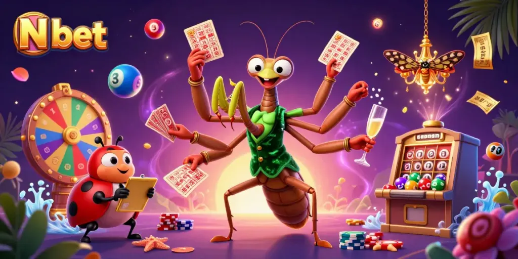 N bet showcases a vibrant casino scene with a praying mantis card sharp and dynamic game elements.