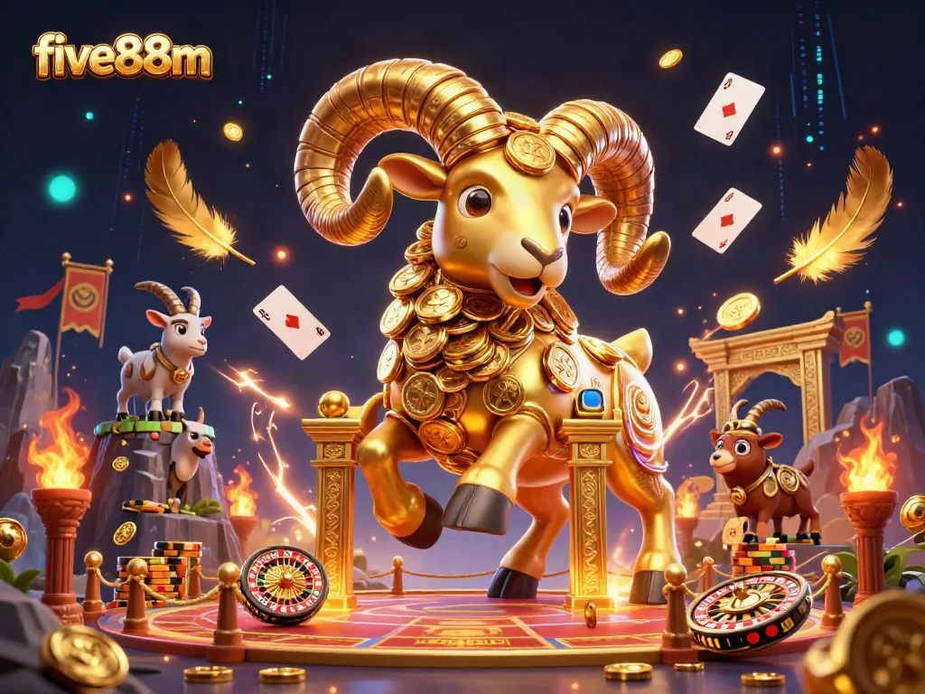 Engage with five88m's thrilling casino action featuring a golden ram charging through a vibrant betting arena.