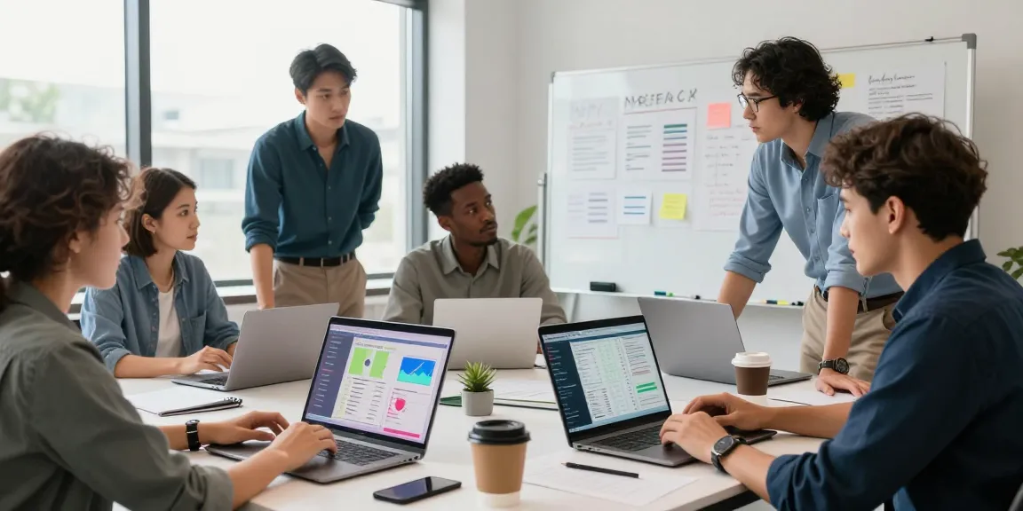 Tim profesional berdiskusi strategi GEGESLOT di ruang kerja modern, dengan laptop menampilkan dashboard analitik.