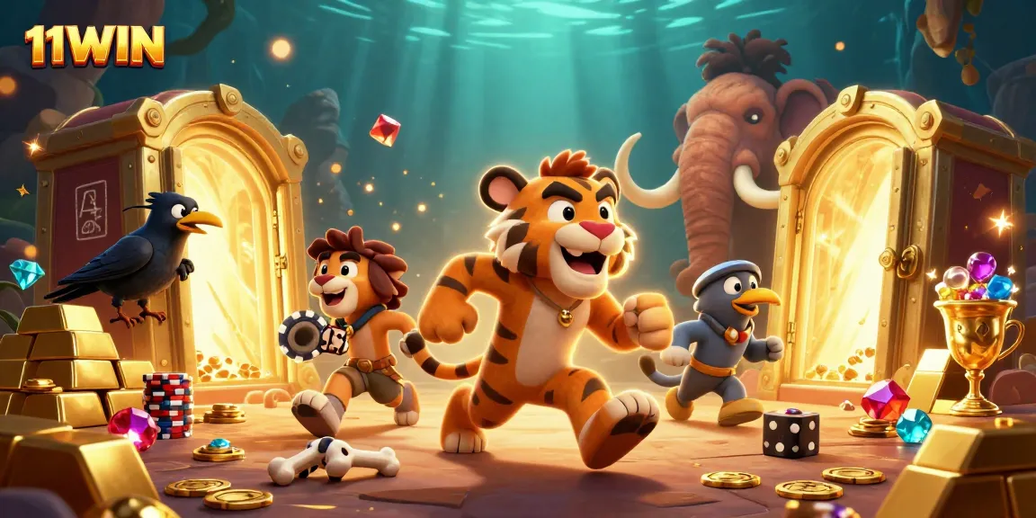 Experience the thrill of the 11WIN casino with unique caveman and tiger characters.