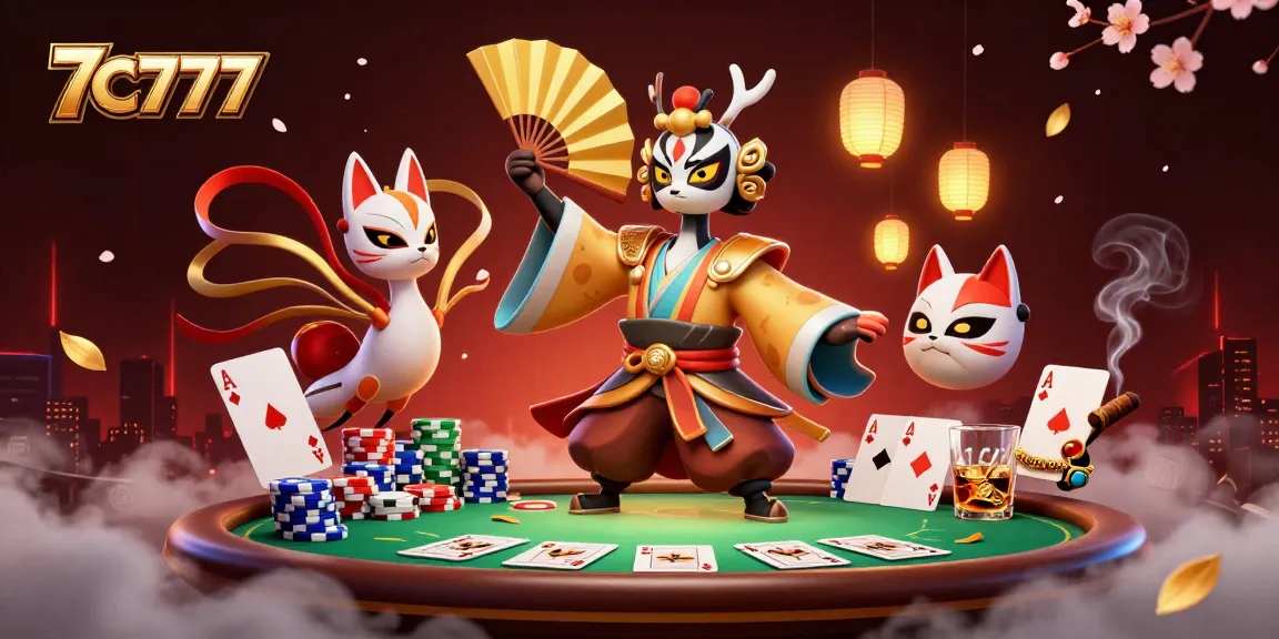 Engage in thrilling gaming with 7C777 at a vibrant casino featuring colorful poker elements.