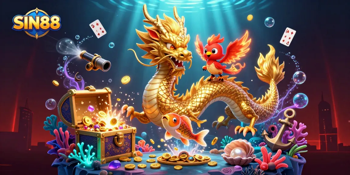 SIN88 features an energetic 3D scene with golden dragon, red phoenix, and koi fish amidst a shower of coins.