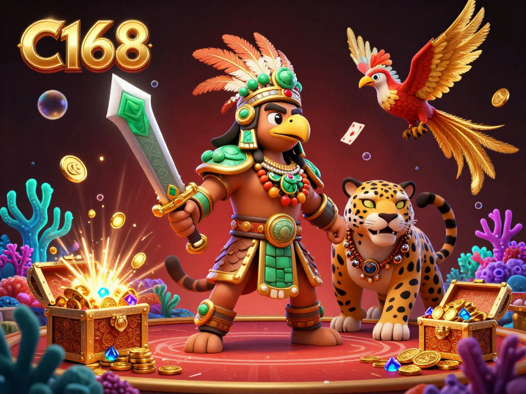 C168 energizes the casino experience with 3D Aztec warriors amidst gold coins and vibrant gaming elements.