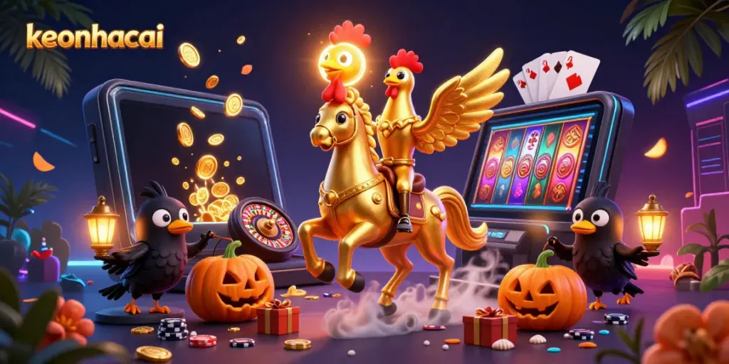Engaging keonhacai scene featuring a golden rooster, a spectral horse, and interactive casino elements.
