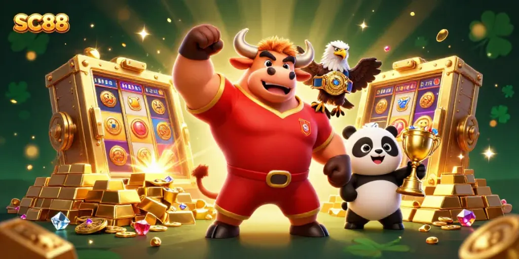 SC88 celebrates winning slots with a muscular bull, eagle, and panda amidst shining treasures.