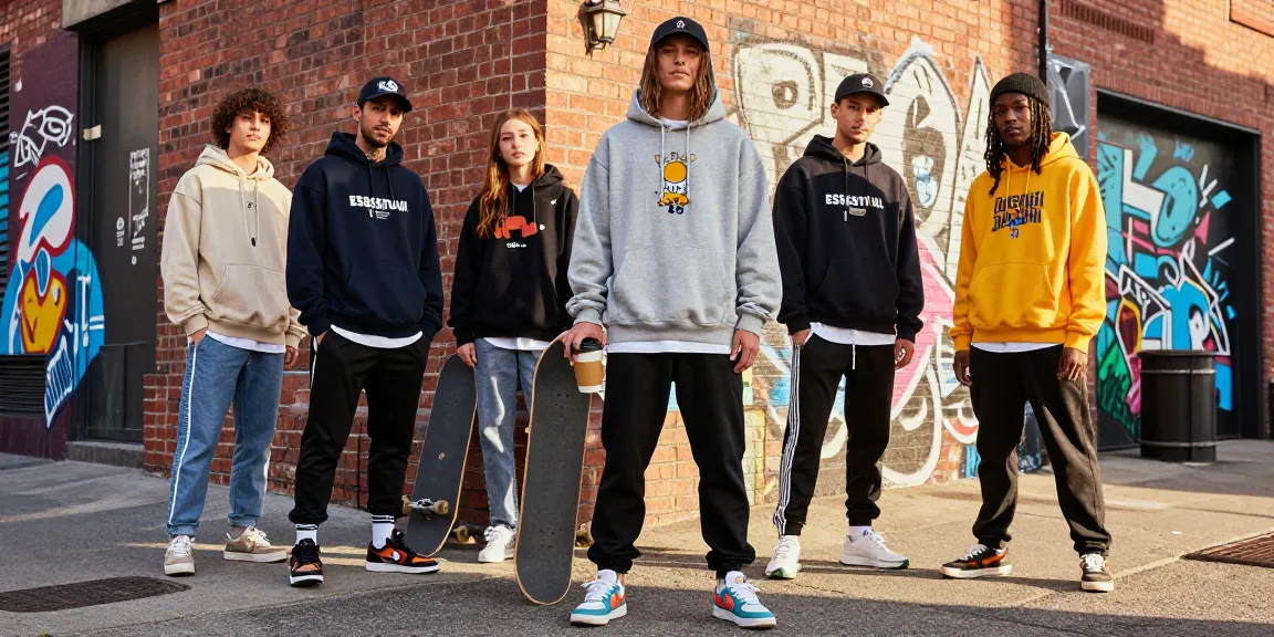 Trendy individuals in essential hoodies showcasing urban street style in a vibrant city setting