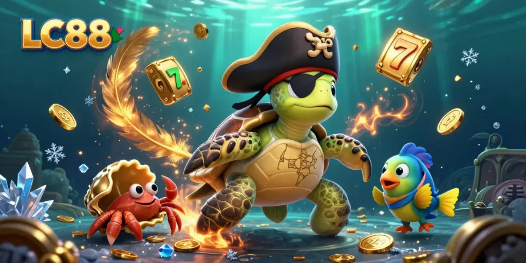 LC88 promotional illustration depicting a pirate turtle and friends amidst colorful slot games and treasure.