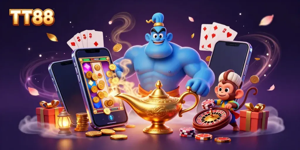 Experience the magic of TT88 with a vibrant 3D illustration showcasing a genie, poker chips, and slot game elements.