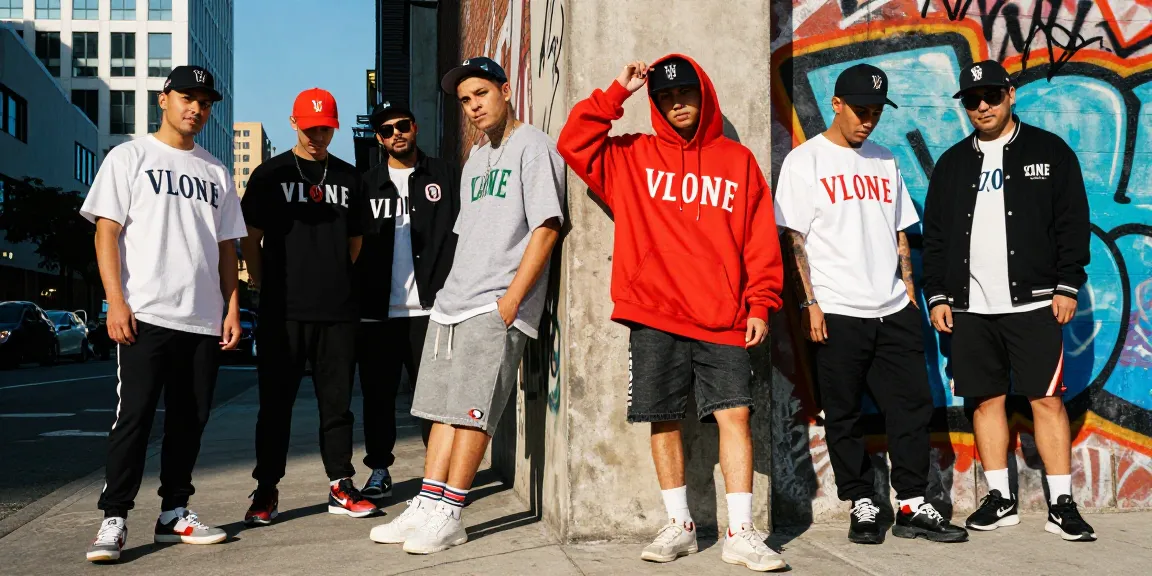 Vibrant street scene with person in Vlone hoodie showcasing urban fashion.