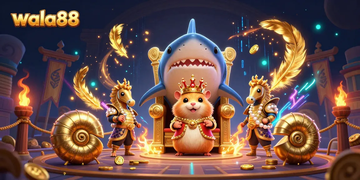 Wala88 showcases thrilling live cockfighting action with a dynamic animated scene of a hamster king on a megalodon throne.